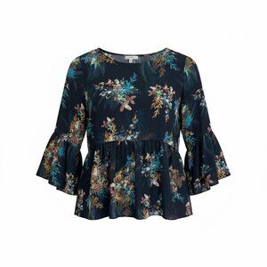 Cupio Navy Floral Boho Blouse Flutter Sleeves High Low Medium